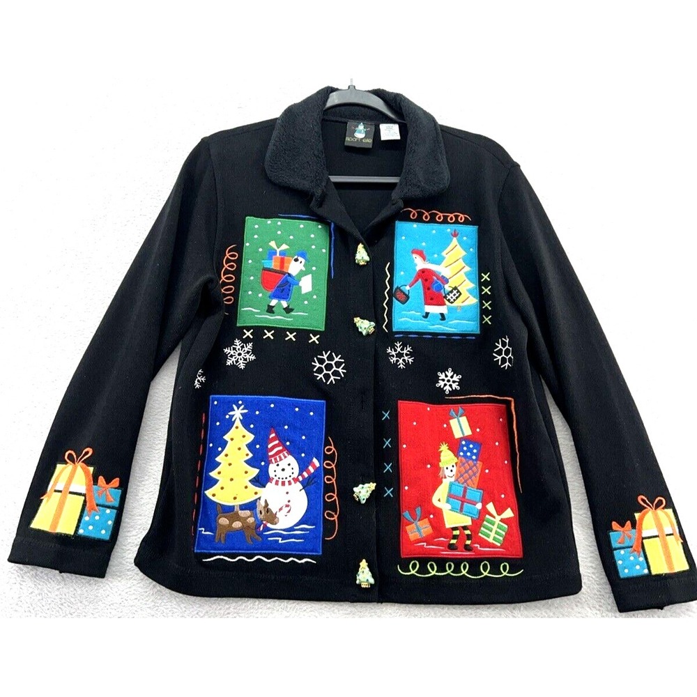 Sport Elle Sweater Womens Medium Black Christmas Cardigan Gifts Embellished